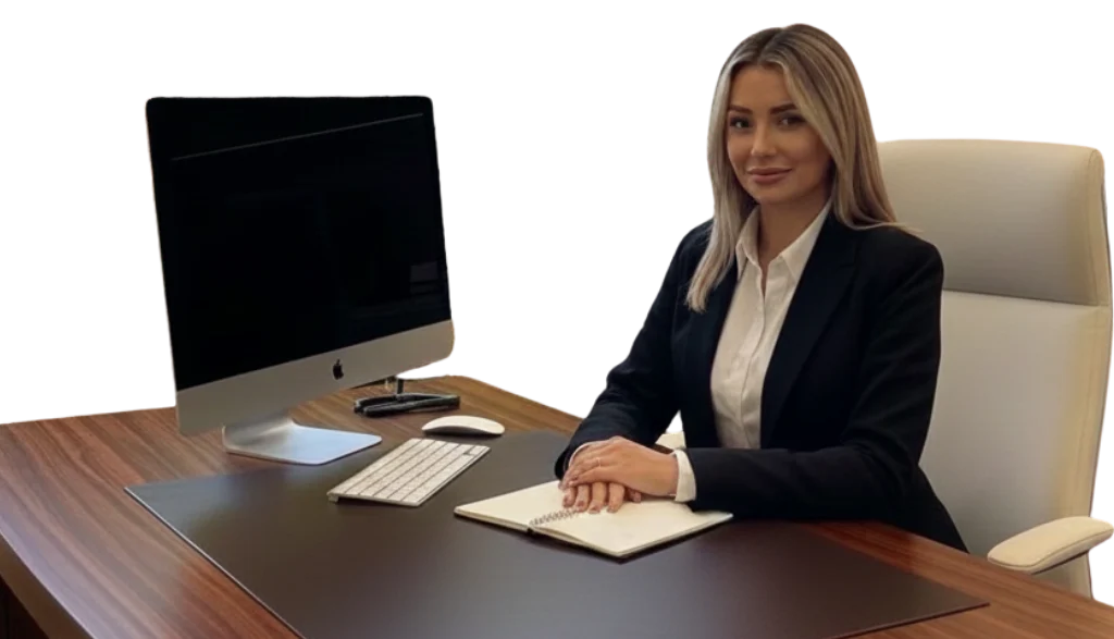 Emina Vehabović, Inhaberin und Pflegedienstleitung, am Schreibtisch im Büro von Bavaria Vitalpflegedienst in der Nymphenburger Straße 46 in München