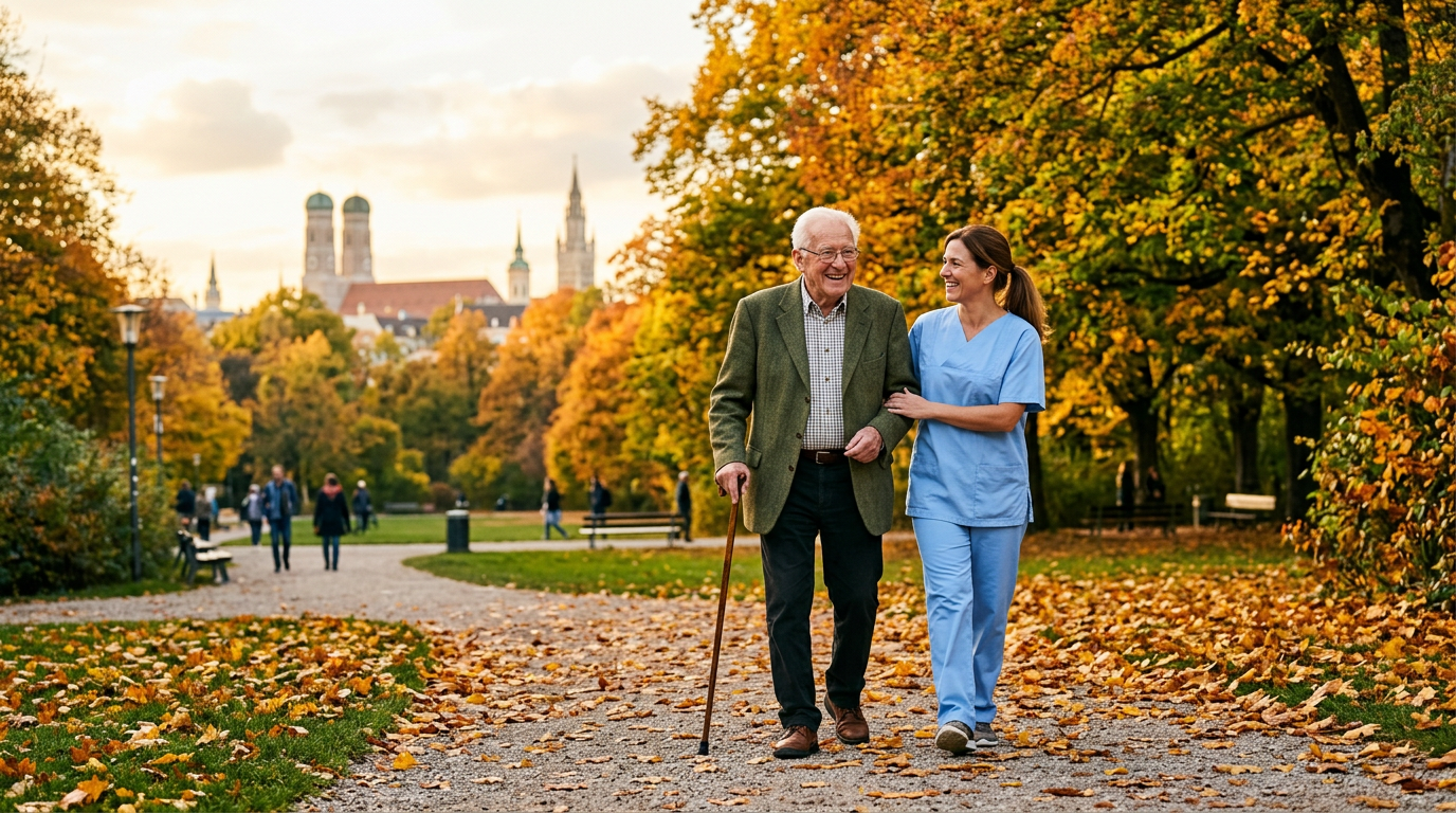 Pflegekraft begleitet Senior beim Spaziergang in Moosach München